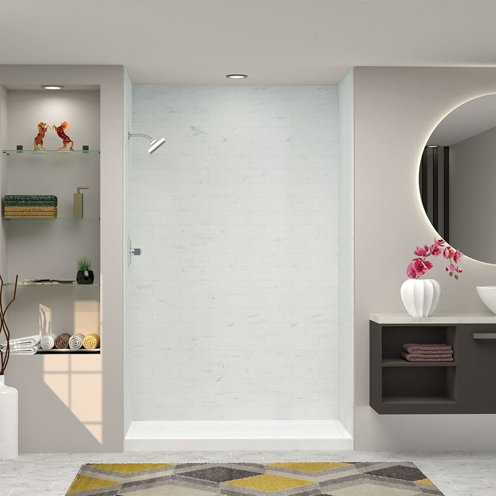 A newly-remodeled bathroom with a walk-in shower.