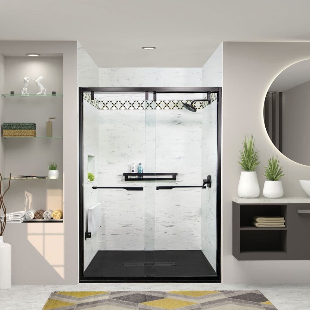 A newly-remodeled bathroom with a walk-in shower.