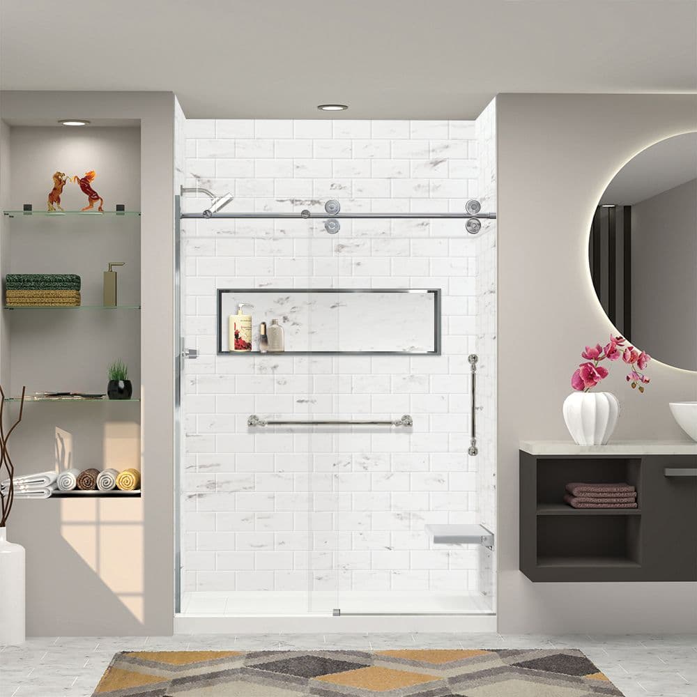 A newly-remodeled bathroom with a walk-in shower.