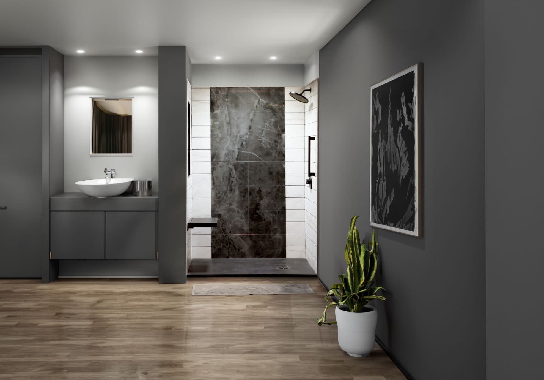 A gray and white Trinity walk-in shower.