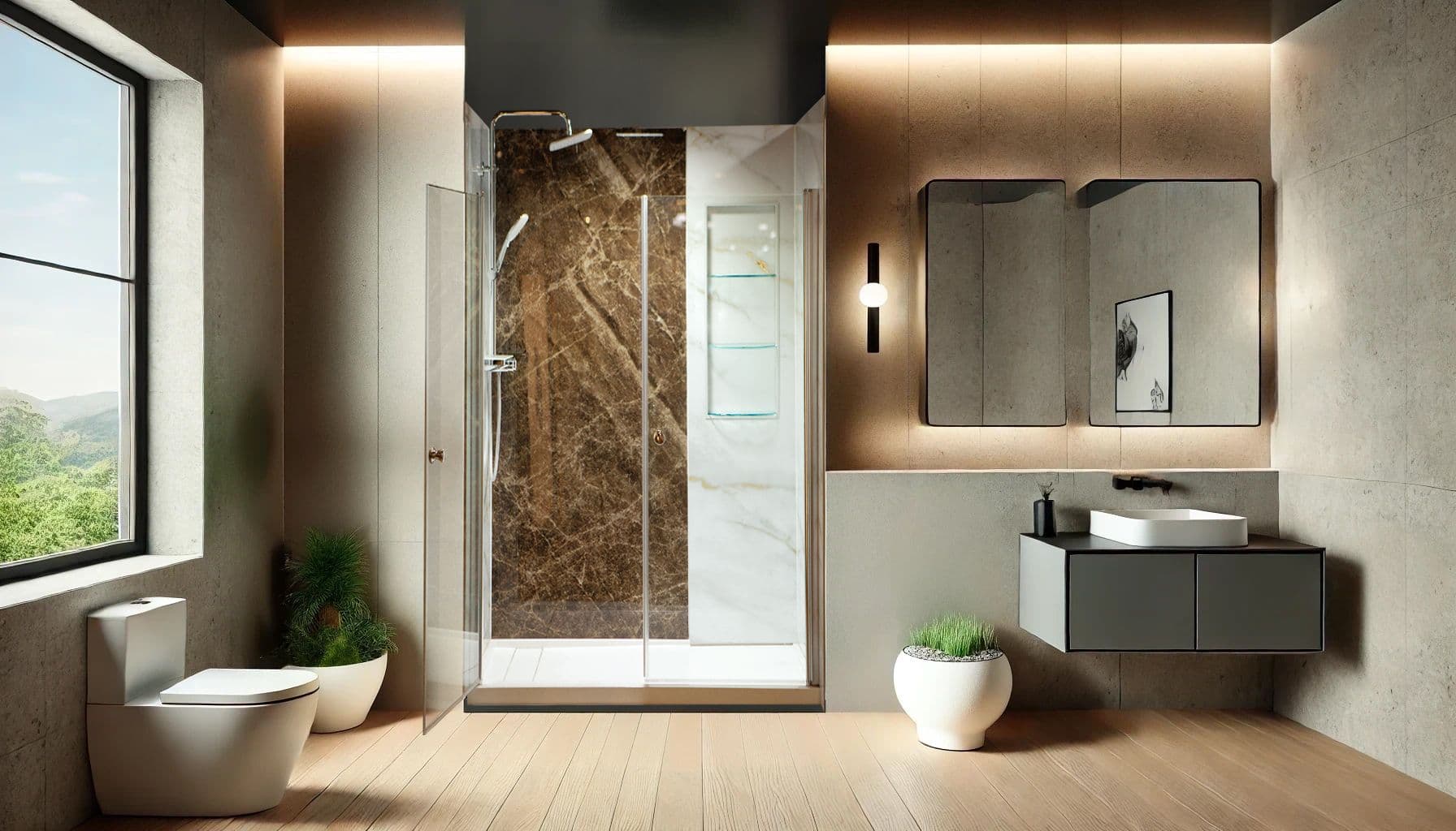 A brown and white marbled walk-in Trinity shower.
