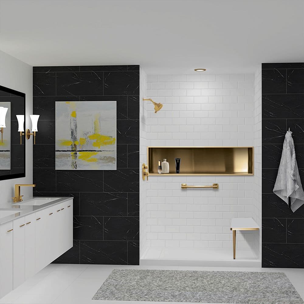 A walk-in shower with bronze shower caddy and fixtures and a bench.