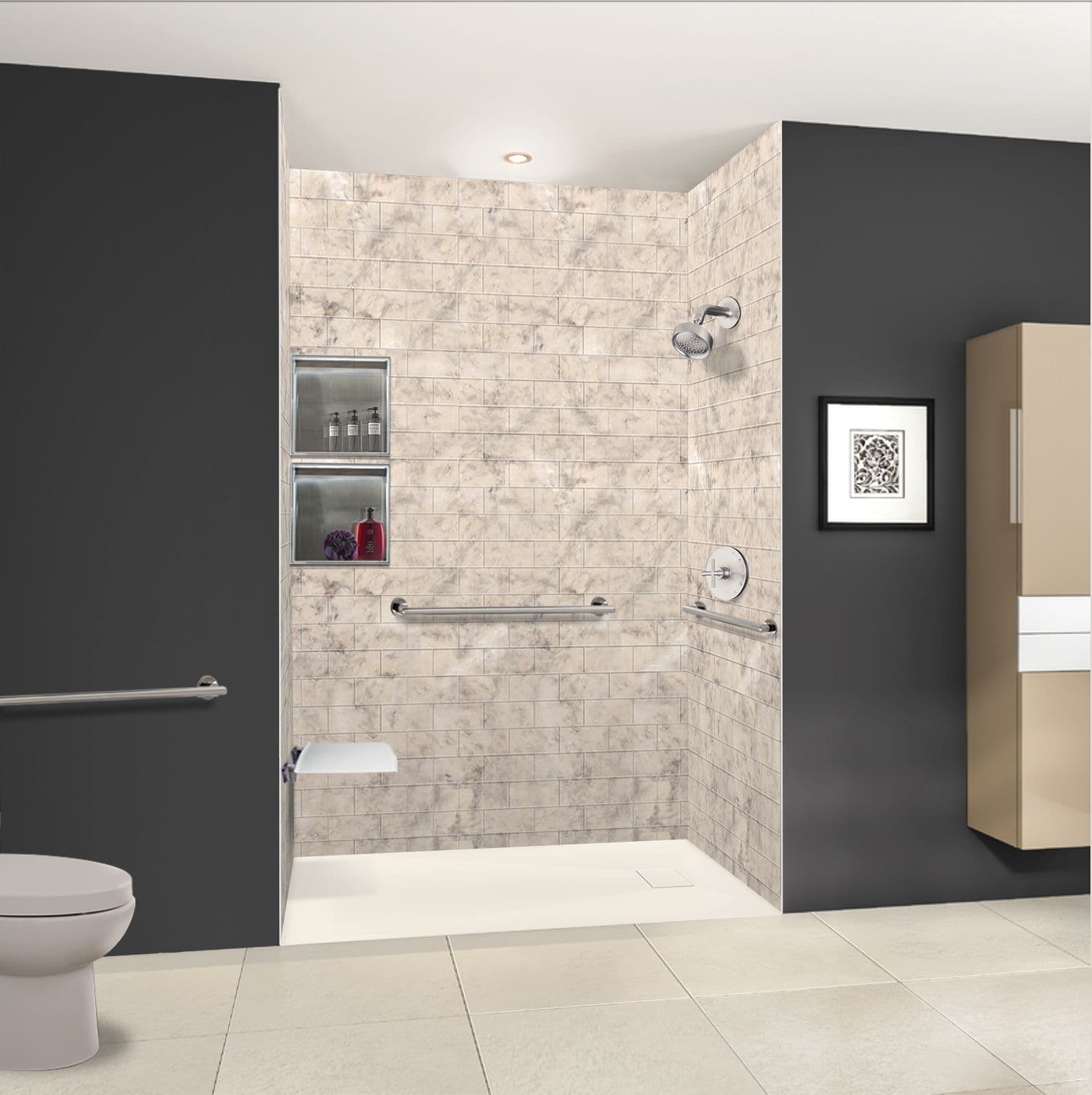A newly-remodeled bathroom with a walk-in shower with a seat and grab bars.