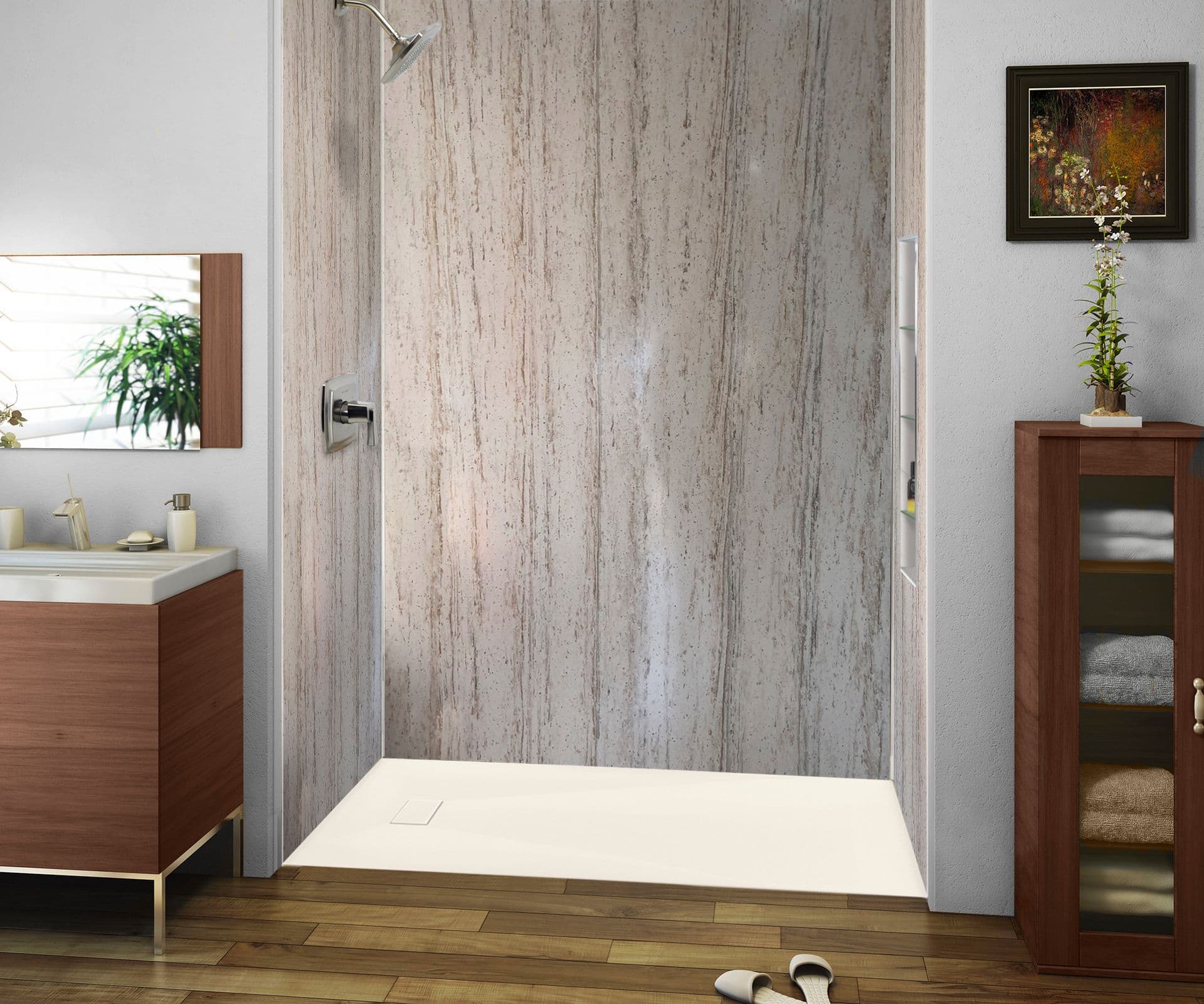 A newly-remodeled bathroom with a walk-in shower.